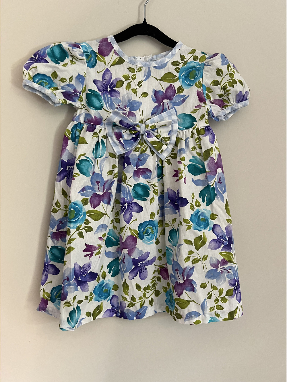 Vintage Samantha AOP Floral Blue Purple Bow Short Sleeve Dress